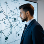 A professional individual, contemplating a complex concept map displayed on a translucent digital screen in a modern, minimalistic office. The person is dressed in a modest, professional suit, with a focused and insightful expression. The concept map features intricate, glowing connections between abstract nodes, symbolizing clarity emerging from complex data and representing the systematic organization of knowledge. Soft, ambient light illuminates the scene, highlighting the strategic thinking process. The overall aesthetic is clean, intelligent, and forward-thinking.