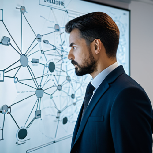 A professional individual, contemplating a complex concept map displayed on a translucent digital screen in a modern, minimalistic office. The person is dressed in a modest, professional suit, with a focused and insightful expression. The concept map features intricate, glowing connections between abstract nodes, symbolizing clarity emerging from complex data and representing the systematic organization of knowledge. Soft, ambient light illuminates the scene, highlighting the strategic thinking process. The overall aesthetic is clean, intelligent, and forward-thinking.
