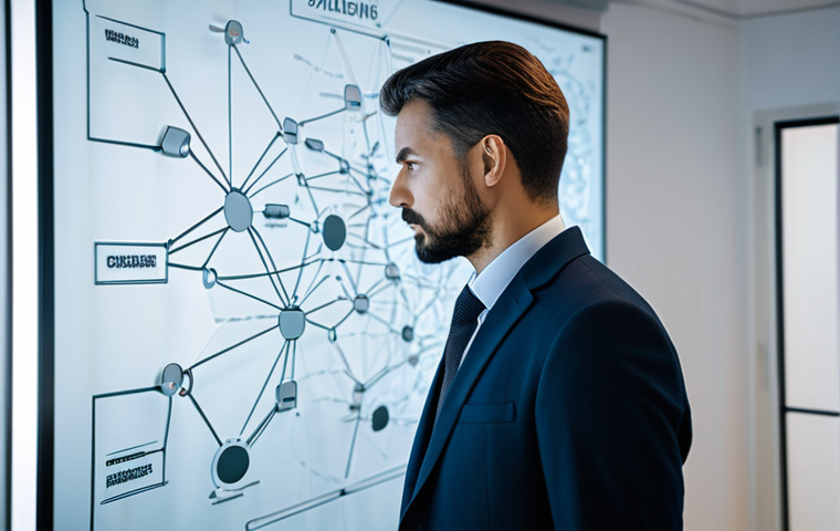 A professional individual, contemplating a complex concept map displayed on a translucent digital screen in a modern, minimalistic office. The person is dressed in a modest, professional suit, with a focused and insightful expression. The concept map features intricate, glowing connections between abstract nodes, symbolizing clarity emerging from complex data and representing the systematic organization of knowledge. Soft, ambient light illuminates the scene, highlighting the strategic thinking process. The overall aesthetic is clean, intelligent, and forward-thinking.