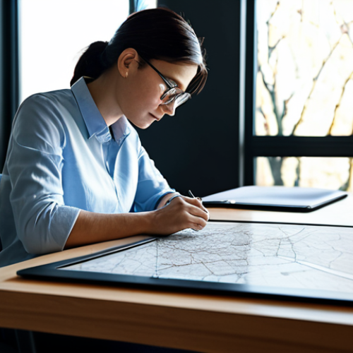 A professional, gender-neutral individual, fully clothed in a comfortable yet appropriate professional outfit, is seated at a sleek wooden desk. They are deeply focused on drawing a detailed concept map on a large digital tablet, with intricate connections and a clear hierarchical structure visible on the screen. The background depicts a clean, well-lit contemporary home office space, bathed in soft natural light from a large window. The atmosphere conveys deep concentration and productive insight. Professional photography, high resolution, soft cinematic lighting, natural pose, perfect anatomy, well-formed hands, correct proportions, natural body proportions, modest clothing, appropriate attire, safe for work, appropriate content, professional.