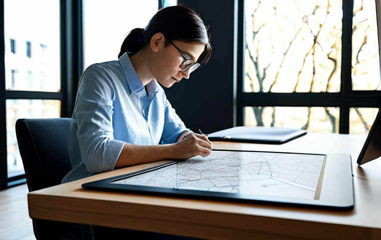 A professional, gender-neutral individual, fully clothed in a comfortable yet appropriate professional outfit, is seated at a sleek wooden desk. They are deeply focused on drawing a detailed concept map on a large digital tablet, with intricate connections and a clear hierarchical structure visible on the screen. The background depicts a clean, well-lit contemporary home office space, bathed in soft natural light from a large window. The atmosphere conveys deep concentration and productive insight. Professional photography, high resolution, soft cinematic lighting, natural pose, perfect anatomy, well-formed hands, correct proportions, natural body proportions, modest clothing, appropriate attire, safe for work, appropriate content, professional.
