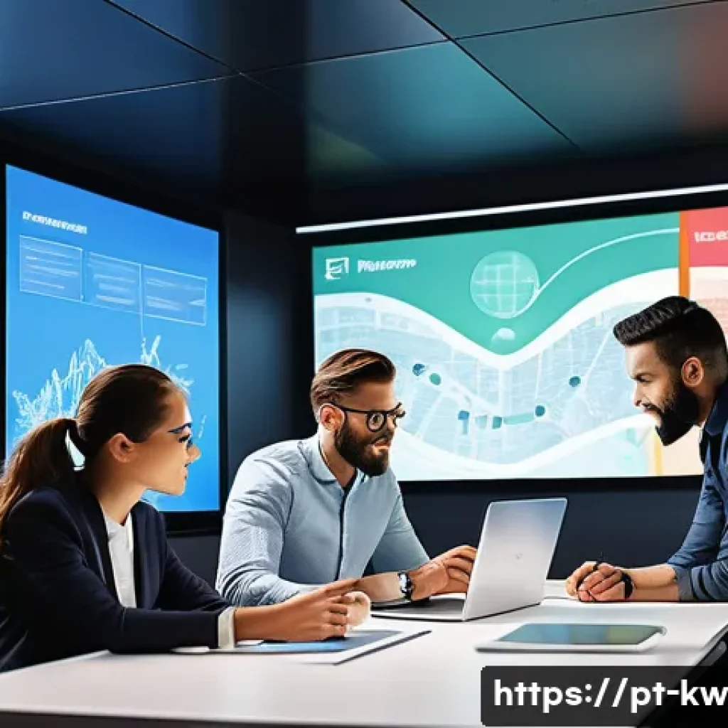 개념 맵을 활용한 효율적인 의사소통 기법 - A modern office meeting room scene with a diverse group of professionals gathered around a large tab...