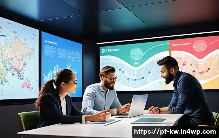 개념 맵을 활용한 효율적인 의사소통 기법 - A modern office meeting room scene with a diverse group of professionals gathered around a large tab...