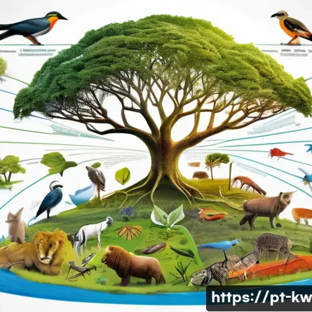 개념 맵의 시각적 접근법  효과적인 예시 - A detailed, colorful concept map illustrating the food chain in a biology study context: various ani...