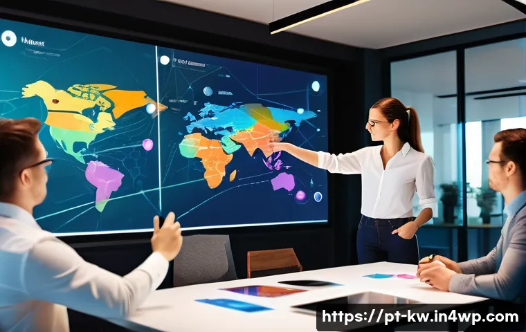 개념 맵의 발전 방향과 혁신적 접근법 - A modern digital workspace scene featuring a diverse team of professionals collaborating on a large,...