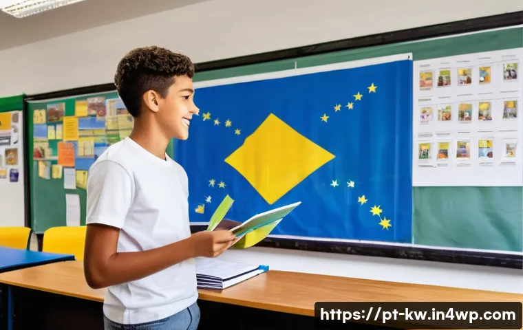 개념 맵의 활용  강의안 구성하기 - A vibrant classroom scene in a modern Brazilian school, showing a diverse group of students aged aro...