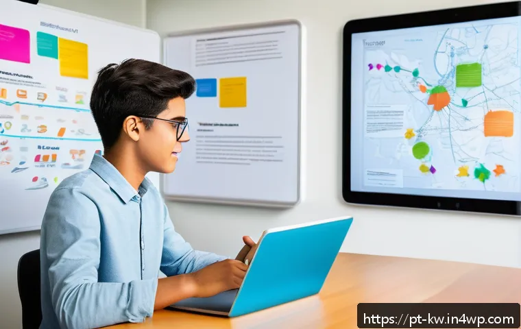 개념 맵으로 복잡한 데이터 요약하기 - A modern, bright study room with a young adult student attentively creating a detailed concept map o...