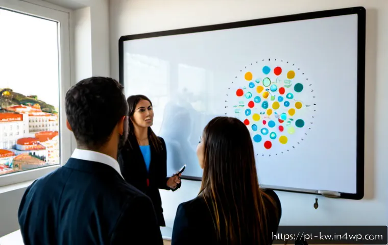Home 17 개념 맵을 활용한 정보 공유의 장점 - Photorealistic collaborative office scene in Lisbon, diverse Portuguese-speaking colleagues gathered...