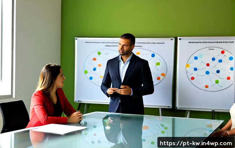 Home 17 개념 맵의 프레젠테이션 기법 - Photorealistic Brazilian business presenter in a bright modern meeting room, explaining a large blan...
